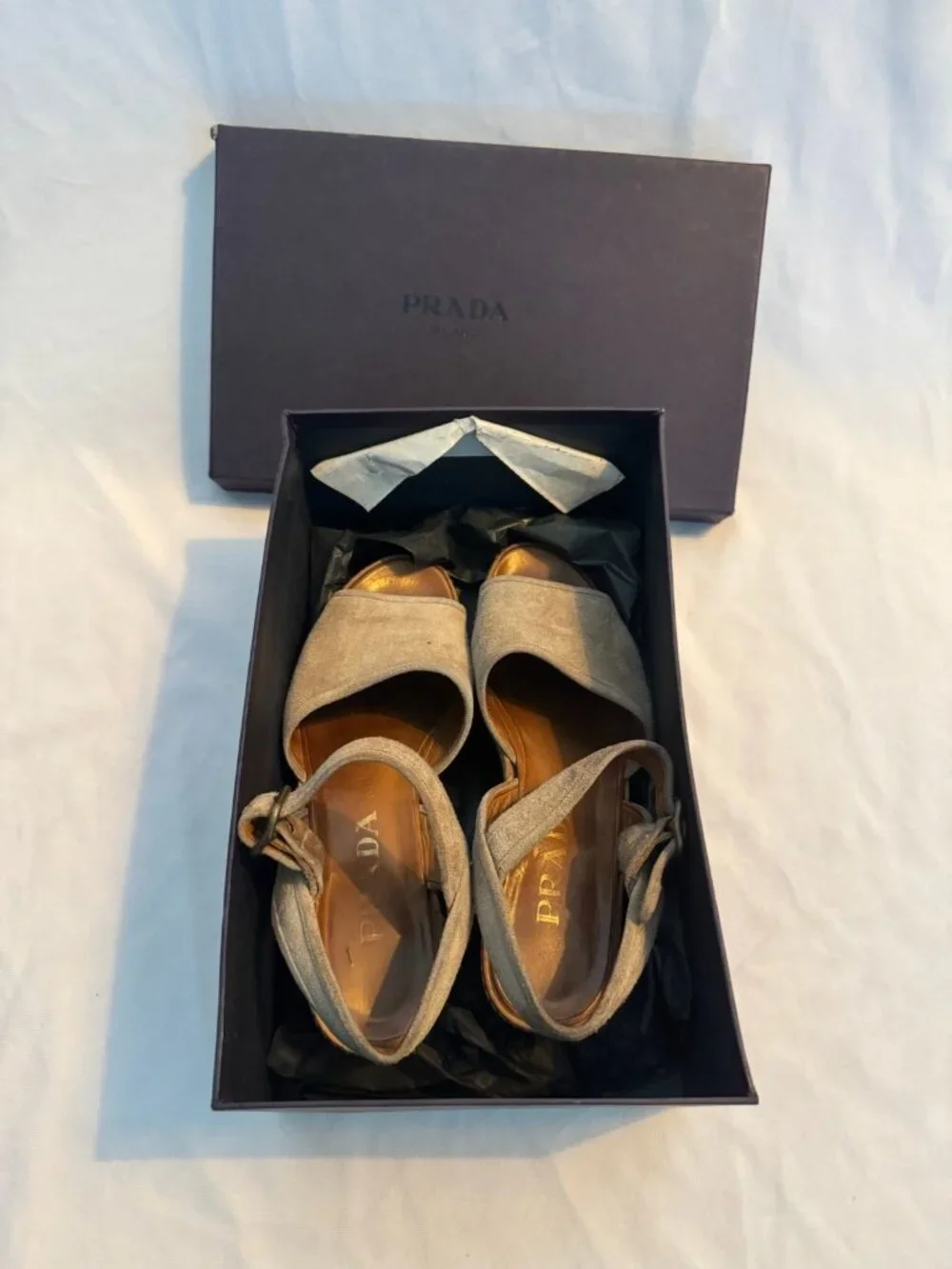 PRADA Milano Beige Suede Platform Wedge Sandals Ankle Strap 37.5 With Box